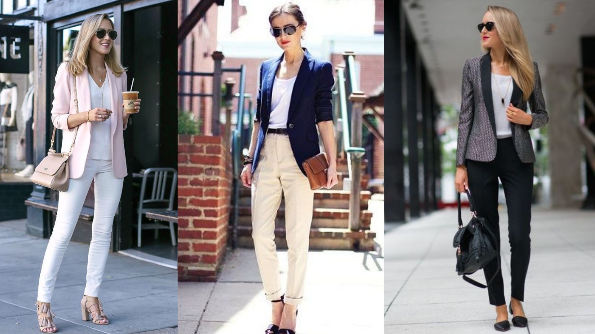 Calça, blusa e blazer é uma combinação perfeita para mulheres modernas de negócio. A calça pode ser jeans ou de alfaiataria, a depender de seu estilo.